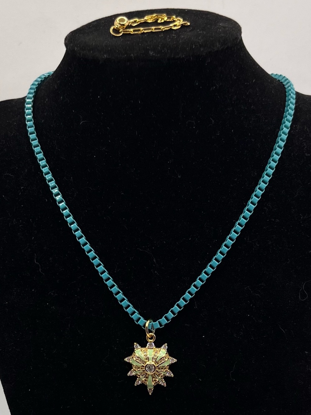 Gold Starburst Pendant Necklace with Aqua Chain - Women's Jewelry